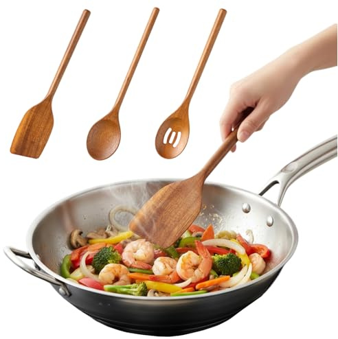 Culinavog 3 Pièces Ustensiles de Cuisine Bois, Composé D'une Louche Égouttoir, D'une Spatule et D'une Cuillère, Léger, Résistant à la Chaleur, Durable et Anti-Rayures, pour Tous Vos Besoins Culinaires