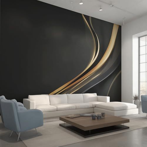 Generisch Vlies Fototapete Schwarz Gold Streifen 350x256 cm, Tapete Schwarz Gold Tapeten Vliestapete Wohnzimmer Modern Schlich Kunst Schlafzimmer Wandtapete Ornamente Mustertapete W&45