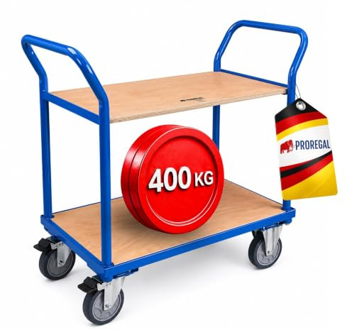 PROREGAL Profi Tischwagen Transportwagen Handwagen Materialwagen mit 2 Etagen & 2 Schiebebügeln | HxBxT 102x100x50cm | Traglast 400 kg | 2X Lenkrollen mit Feststellbremse & 2X Bockrollen | Lichtblau