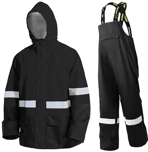 Regenanzug Herren Warnschutz Wasserdicht - PU Regenjacke & Latzhose(BLK,L)