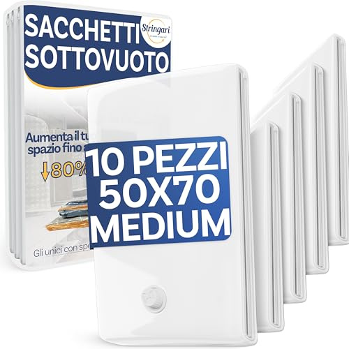 Stringari 10 Sacchi M 70x50 cm - Sacchetti Sottovuoto Vestiti con Spessore 90 Micron - Buste di Qualità Superiore per Piumoni - Sacchi Salvaspazio per Armadi e Cambio Stagione