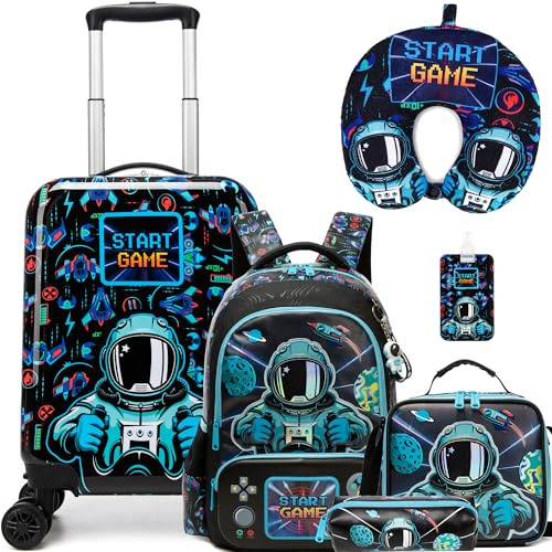 HTgroce 5-delat barnfodral, barnvagn med ryggsäck, nackkudde, lunchväska, pennfodral och bagagelappar, barnbagage med hjul, handbagage, resväska, hårt fodral för flickor, Svart astronaut