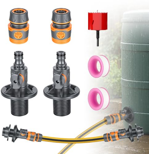 YHNDECO 2-pack Tankgenomförande, 3/4” * 16mm utvändig gänga & snabbkoppling, regntunnagenomförande med avstängningsventil, tankförskruvning för regntunna, regnfat och vattentunna