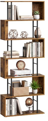 VASAGLE Bücherregal, Standregal mit 7 Ebenen, S-Form Raumteiler, Freistehendes Regal, 60 x 24 x 190,5 cm, für Wohnzimmer, Büro, Rustikales Braun, Barnet Kollektion LLS173KD01