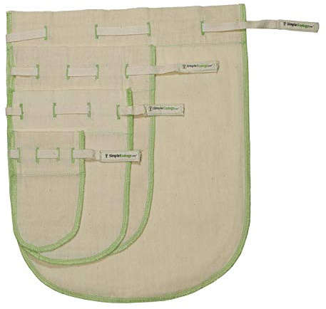 Simple Ecology Worlds Best Reusable Organic Cotton Muslin Fine Mesh Straining Bags - Set of 4 (XS, S, M, L) (nut Milk, Cold Brew, Coffee Filter, Loose Leaf Tea Infuser, Food Juice Pulp Strainer)