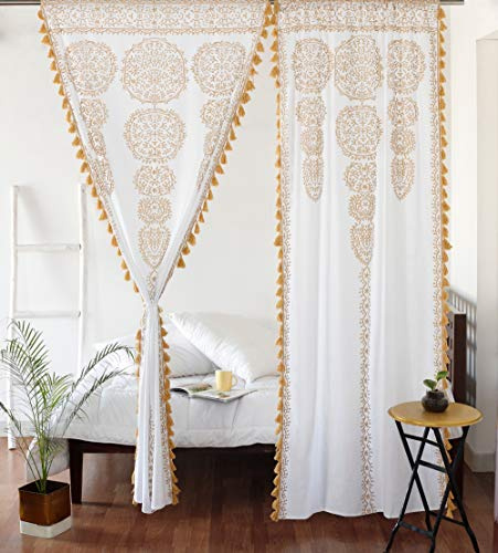Labhanshi Floral Screen-Print Cotton Sheer Curtains, White & Gold