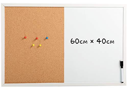 DOEWORKS 60 x 40cm Kombitafel Magnetisches Whiteboard & Kork Pinnwand, Hängendes Magnettafel und Korktafel mit Weißem Holzrahmen