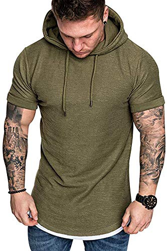 Tee Shirt Homme Capuche T Shirt Manche Courte Homme Casual T-Shirts Hommes Oversize T-Shirt Manches Courtes Homme Sport Slim Fitness Cintré Décontracté Sweat Shirt A Capuche Homme Manche Courte Vert M