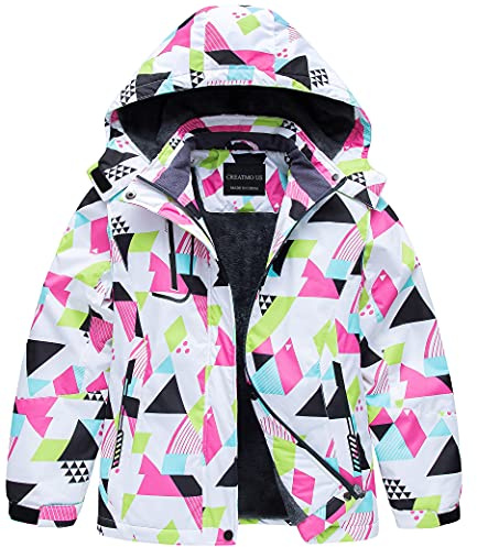 CREATMO US Girl's Waterproof Winter Snow Coat Hooded Windproof Ski Fleece Jacket Geometry 14/16