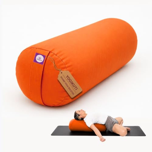 Yogikuti Iyengar Yoga Bolster for Restorative Yoga and Meditation – Lightweight Cotton Support Pillow with Handle for Easy Carry, Versatile for Pose Modification, Balance, Back Relief, and Relaxation (Orange, L 61cm x dia. 23cm)