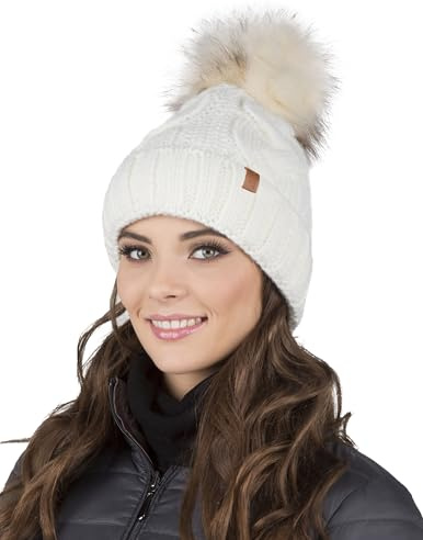VIVISENCE Wintermütze Mit Bommel Damen Warmes Ideal Für Kalte Wintertage 7014, Ecru,Einheitsgröße