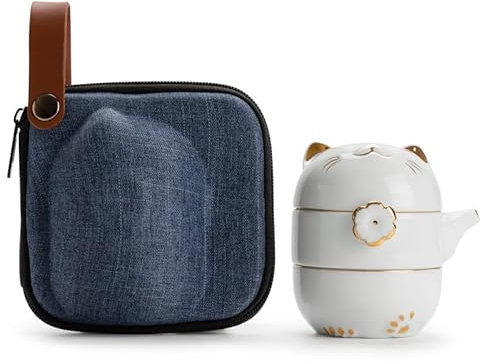 RORA Juego de té de viaje con bolsa portátil, juego de tetera de cerámica hecho a mano Kung Fu, tetera todo en uno, 1 olla, 2 tazas, adecuado para viajes, oficina y hogar (blanco)