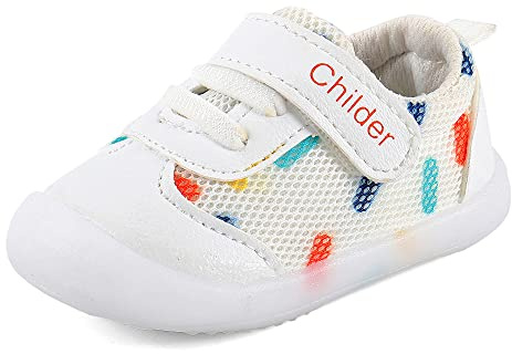 MASOCIO Unisexbabyskor, mjuka, platta lära-gå-skor med halkfri gummisula för pojkar och flickor, Vit, 20 EU