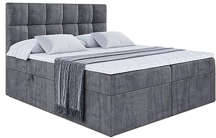 ALTDECOR Boxspringbett mit Matratze und Lattenrost, Boxbett, Topper, Polsterbett mit Bettkasten, Bett mit Stauraum H3-Matratze, Doppelbett, Springboxbett - RICAR - 200x200 - Dunkelgrau Samt