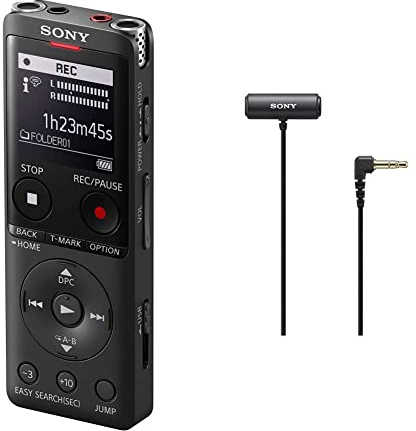 Sony ICD-UX570 Registratore Vocale Stereo, Display OLED, Riduzione Rumori Sottofondo, Altoparlante Integrato, Nero & ECM-LV1 - Microfono Lavalier con Stereo Sound Capture