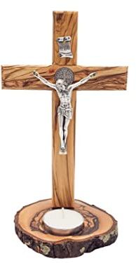 Olivenholz stehendes Kruzifix Kreuz & Segensmedaille (20,3 cm), Holztisch Alter Kreuz mit 'Kerzenhalter-Basis'