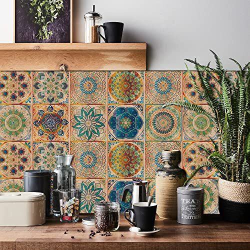 HORIWE Mandala Fliesenaufkleber 24 Stück Retro Kunst Wandfliese Aufkleber | Wasserdicht & ölabweisend Fliesensticker Selbstklebende Fliesen Tapete Wandaufkleber für Küche,Schrank,Möbel,Tisch,Badezimmer