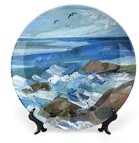 Gokays Decorative Plates, Seascape Oil Painting Display Plate for Home Office Kitchen Table Decor Porcelain Plates 25 CM, Birthday Gifts