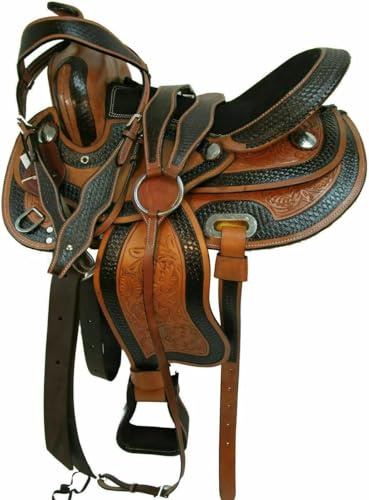 Western Barrel Racing - Set di sella per cavalli da 25,4 cm a 45,7 cm, marrone scuro con sedile nero, sella in pelle lavorata a mano con motivo floreale, ME-WLS-135 (sedile da 38,1 cm)