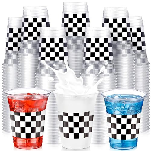SiliFine 100 Pcs 12 oz Race Car Cups Checkered Flag Disposable Clear White Black Plastic Cups for Racing Party Drink Supplies Decorations Birthday Baby Shower