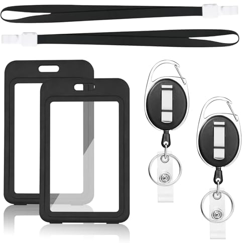 Ausweishülle mit Band 2Set Ausweishalter mit Ausziehbares Schlüsselband Durchsichtigen Hartplastik Ausweishülle für ID Karten,Work ID Badge Holder Card Holder (Schwarz) (vertikal Stil)