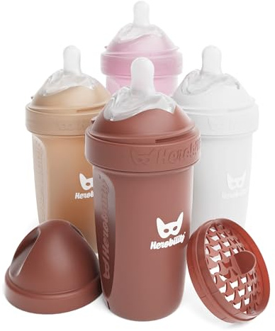 Herobility Anti-kolik babyflaskor 240 ml (8 oz) – förpackning med 4 plastflaskor, plastflaskor med medelflöde, bröstformad napp för bröstformade bebisar – flerfärgad – sand, trächuck, rosa, vit