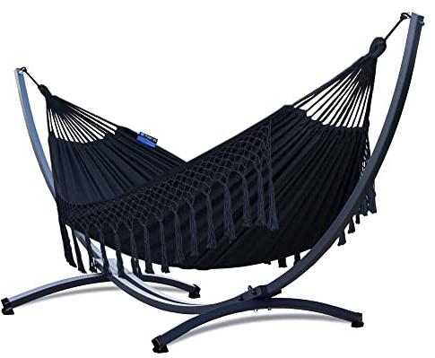 Potenza Hamac sur Pied en Acier Sablé & Laqué | pour 2 Personnes | 220x160 cm | 220 kg | Testé jusqu'à 350 kg | Support Hamac | Fabriqué en UE | Noir à Franges