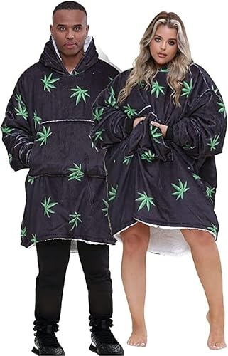 Adult Oversized Hug & Snug Blanket Hoodie Sherpa Fleece Lined Soft Wearable Blankets UK Stock (Weed Leaf)