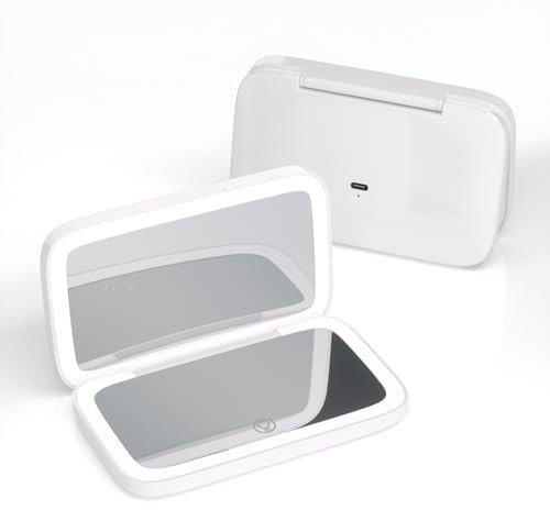 Milishow Reise-Make-up-Spiegel, 1x/5-fache Vergrößerung, 3-farbige Beleuchtung mit LED, Taschenspiegel, doppelseitig, dimmbar, USB, wiederaufladbar, Touchscreen, tragbar, kompakt, Reisezubehör (weiß)