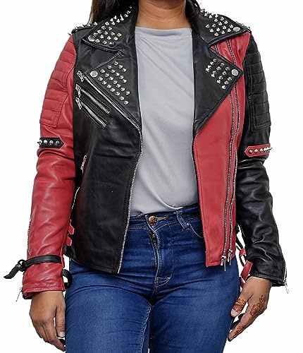Aksah Fashion Damen HQ Biker-Lederjacke mit Nieten, Schwarz / Rot, Motiv: Birds Of Joker Quinn Spiked Funky Lederjacke Kostüm