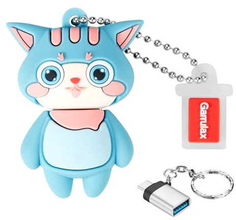GARRULAX Memoria USB 3.0 de silicona impermeable de alta velocidad USB 3.0 para almacenamiento de datos, pendrive con adaptador OTG tipo C (gato cian, 16 GB)