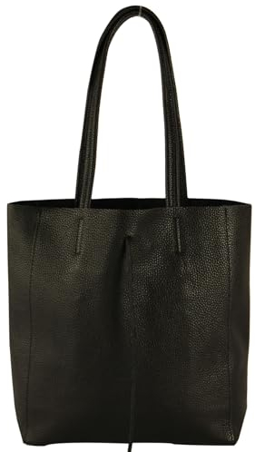 modamoda de - T253 - Ital. Henkeltasche mit Innentasche aus Leder, Farbe:Schwarz