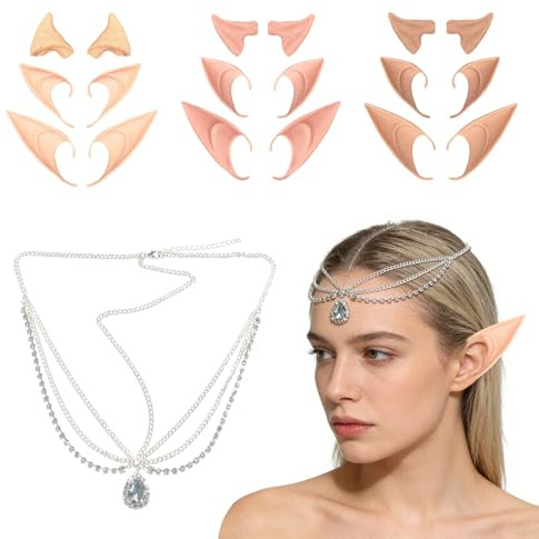 Scinzene 9 Paar Elfenohren Set, Weiche Silikon Elf Ears Für Damen, Elfen Kostüm Damen Cosplay Zubehör, Wiederverwendbare Elfen Ohren Kostüm Party, Verschenken Sie Eine Kristall Edelstein Halskette