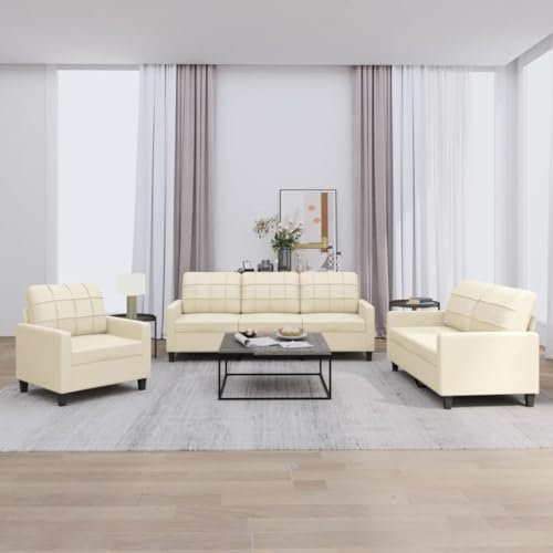 CINDERFUL 3-TLG. Sofagarnitur mit Kissen Creme Kunstleder,Gemütliche Wohnzimmergarnitur aus Kunstleder in Creme ideal für Entspannung und Geselligkeit Möbel, Wohnzimmer