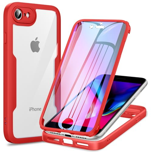 Phoona 360 degrés Coque pour iPhone 7/8/SE2022/SE2020 avec Transparent Protection d'écran, TPU Silicone Antichoc écran Coque, Anti-Rayures Intégrale Étui Housse pour iPhone 7/8/SE2022/SE2020, Rouge
