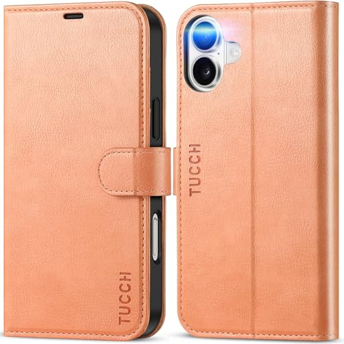 TUCCH Funda para iPhone 16 Plus Cuero PU Magnético, Rosa Pesca Texturizado | Bloqueo RFID, Ranura para Tarjeta, Soporte Plegable, 6,7 pulgadas 2024