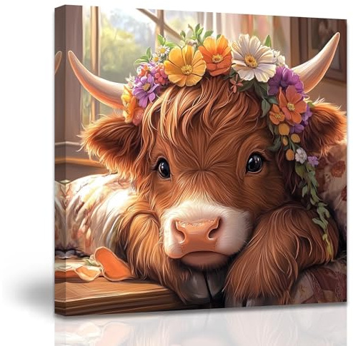 ZXHYWYM Cute Highland Cow Baby Canvas Wall Art Rustic Farmhouse Picture Prints Brown Cow with Flowers Painting for Kitchen Children's Room Bathroom Decor (Brown, (40L x 40W cm))