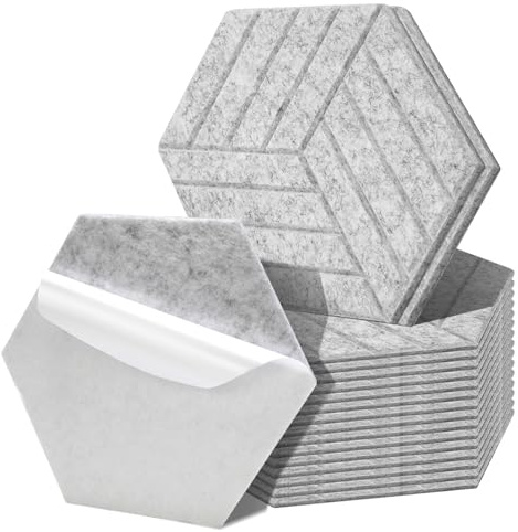 Fiqops 36er Hexagon Akustikpaneele Selbstklebend Akustikplatten Silbergrau Hohe Dichte Schallabsorber Platzsparend für Wanddekoration und Schallschutz,Studio und Home Deko (30x26x0.9cm)