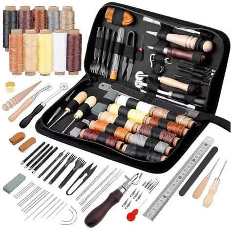 Kit de costura de cuero con punzón para coser a mano, agujas de costura de hilo, kit de herramientas de artesanía de cuero para zapatos, sofá, tienda de campaña, alfombra