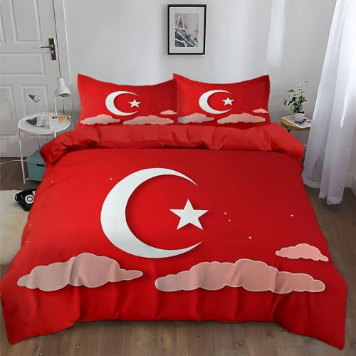 Copripiumino Reversibile 200x200cm Bandiera Tagliata Di Carta Mezzaluna Rosso Microfibra Morbido Set di Biancheria da Letto con cerniera Traspirante Microfibra Copripiumino con 2 Federe 50x75 cm
