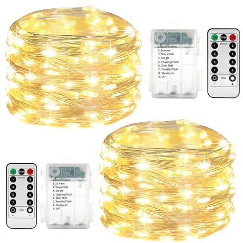Taiyongkang Lot de 2 guirlandes lumineuses d'intérieur avec minuterie et télécommande - 10 m - 100 LED blanc chaud - Guirlande lumineuse pour chambre à coucher, Noël, mariage