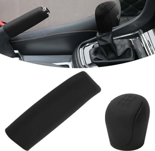 JEYORZY Funda Pomo Cambios Marcha Coche Antideslizante Negro+Funda universal para freno de mano, Cubierta de Perilla de palanca de Marchas, Funda de palanca de cambios, Silicona, Universal, 5 marchas