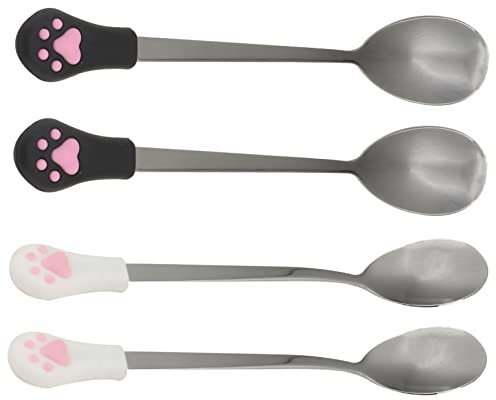 TOYANDONA 4pcs Stainless Steel Dog Food Spoon and Silicone Pet Can Scoop Set Food Canned Scoop for Cats and Dogs Black and White Paw-Shaped Pet Feeding Spoons for and Treats