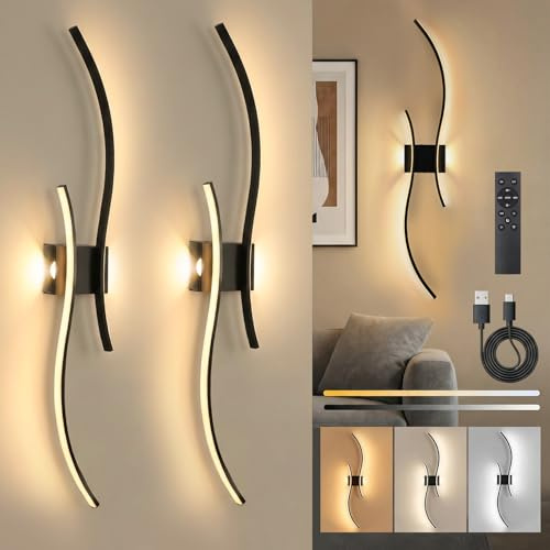 SERBASIC Led Wandleuchte Innen Akku mit Fernbedienung,Wandlampe Schwarz Modern Lampe Wand mit Dimmbar&Timing-Funktionen Kabellose Wandleuchte für Wohnzimmer Schlafzimmer Flur Treppen,2 Stück,100CM