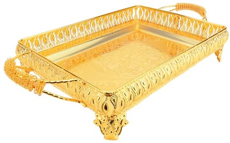 CCYLEZ Plateau de Service en Métal, Rectangle doré Décoratif 20,1x11 Pouces Grand Plateau Vintage avec Poignées pour la Table Basse de Table à Manger de Décoration Intérieure