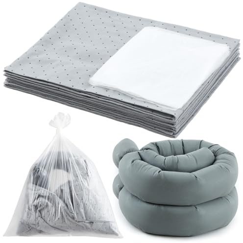 DoubleFill 19 Pcs Absorbent Spill Kit, Universal Portable Emergency Oil and Water Absorbent Kit, Includes 15 Pads, 2 Socks and 4 Disposal Bags for Emergency Fluid Cleanup