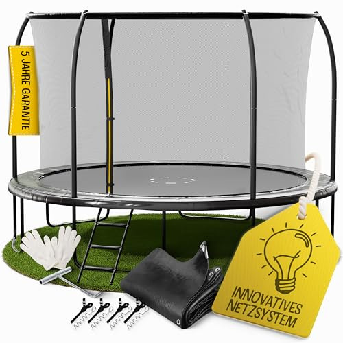 FRIEDO Trampolin Outdoor 305/366 cm (10/12ft) mit einklappbaren Stangen | Sicher & wetterfest, Nach EN71-14 Geprüft, Innenliegendes Netz, rostfrei & dick gepolstert