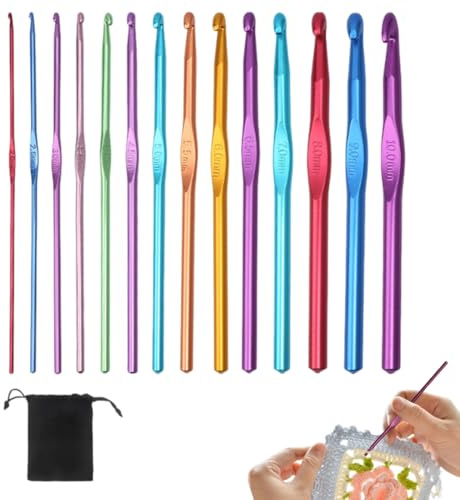 ZORVYN Set de Agujas de Ganchillo de Aluminio, Kit de Ganchillo y Crochet, Agujas de Crochet, Ganchillos Crochet, Para Principiantes o Profesionales (14 tamaños: 2 mm - 10 mm) (multicolor)