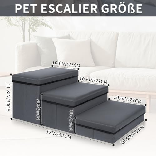 OUUTMEE Escalier pour Chien à 2 Marches, Escalier pour Animaux avec Rangement Intégré, Escalier Chien Pliable Antidérapante pour Chiots, Chats Petits/Moyens et Animaux Agés, Lit et Sofa (Gris)