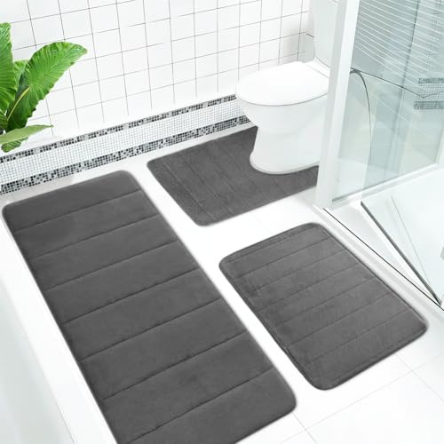 Tutamaz Badematte Set 3-teilig aus Memory Foam,Badteppich Saugfähige Badvorleger, Weich & Schnell Trocknend, Badteppich rutschfest Waschbar Badvorleger Set für Dusche, WC & Badewanne,Dunkelgrau